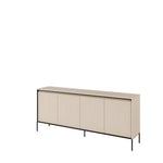 Beige sideboard with ribbed front doors and slender legs, four-door cabinet design