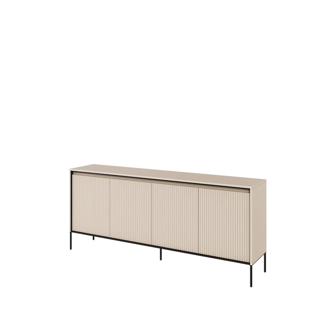 Beige sideboard with ribbed front doors and slender legs, four-door cabinet design