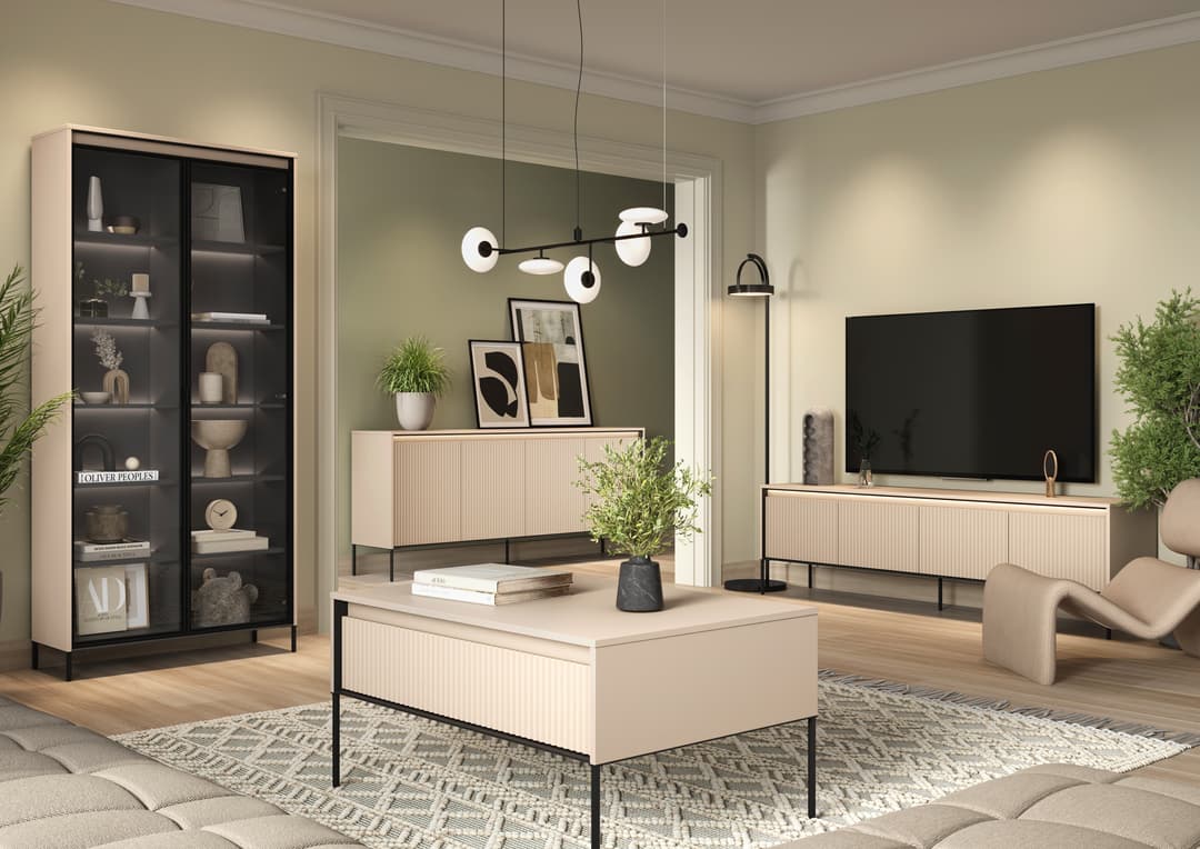 Two-door sideboard with vertical slatted fronts, light beige top, slim black legs.