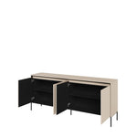 Light beige 4-door sideboard shown with doors open to reveal dark interior.