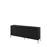 Black sideboard with ribbed front doors and slender legs, four-door cabinet design
