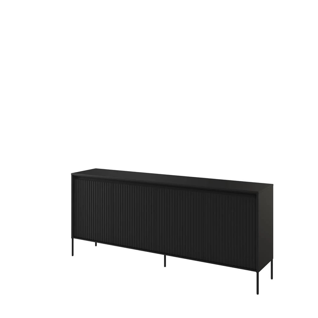 Black sideboard with ribbed front doors and slender legs, four-door cabinet design