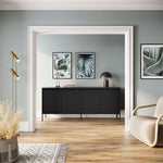 Black 4-door sideboard with fluted doors and slim black metal legs.