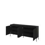 Black sideboard with two open doors, showing interior shelves and dark storage space