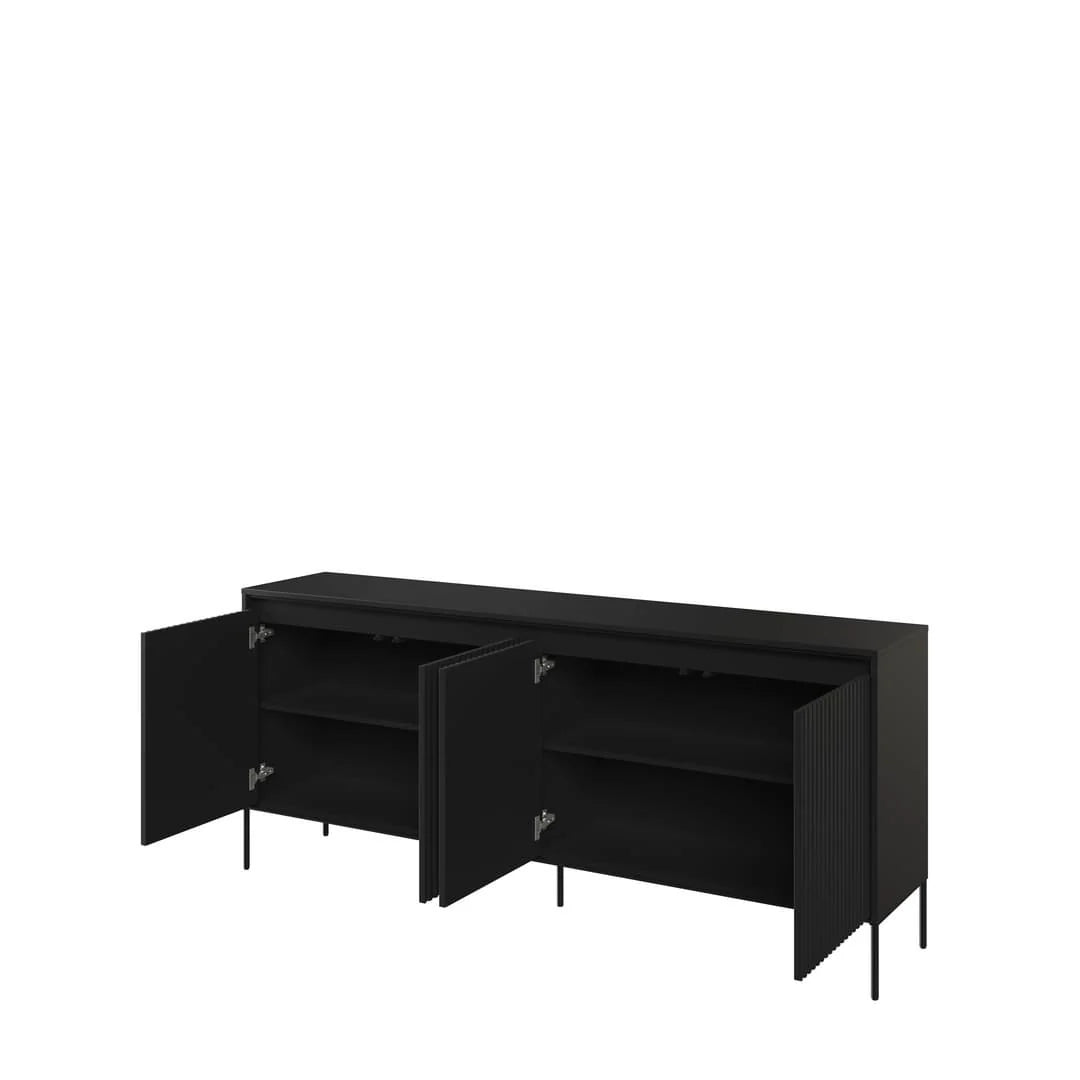 Black sideboard with two open doors, showing interior shelves and dark storage space