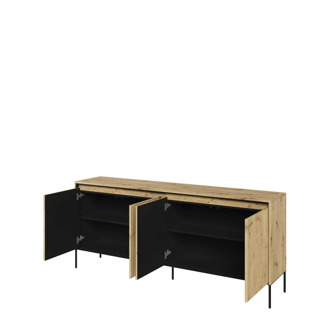 Artisan oak sideboard with two open doors, revealing dark interior shelves and storage