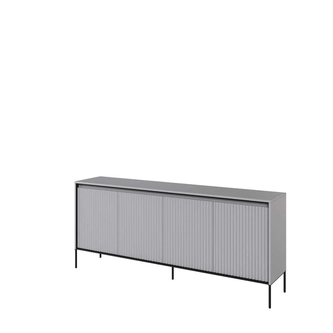 Grey sideboard with ribbed front doors and slender legs, four-door cabinet design
