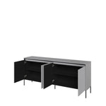 Grey sideboard with two open doors, showing dark interior shelves and storage space