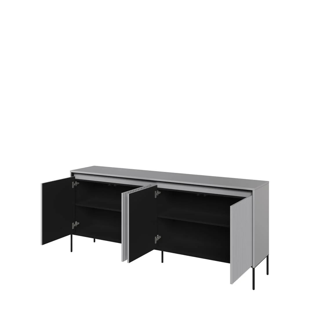 Grey sideboard with two open doors, showing dark interior shelves and storage space