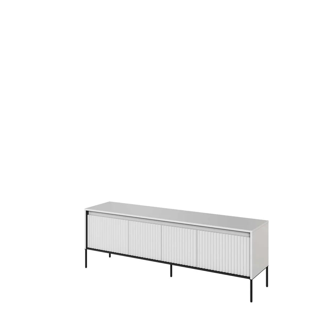 Short TV cabinet with vertical ribbed door fronts and four metal legs