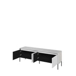 White TV cabinet with open side doors revealing dark storage interior