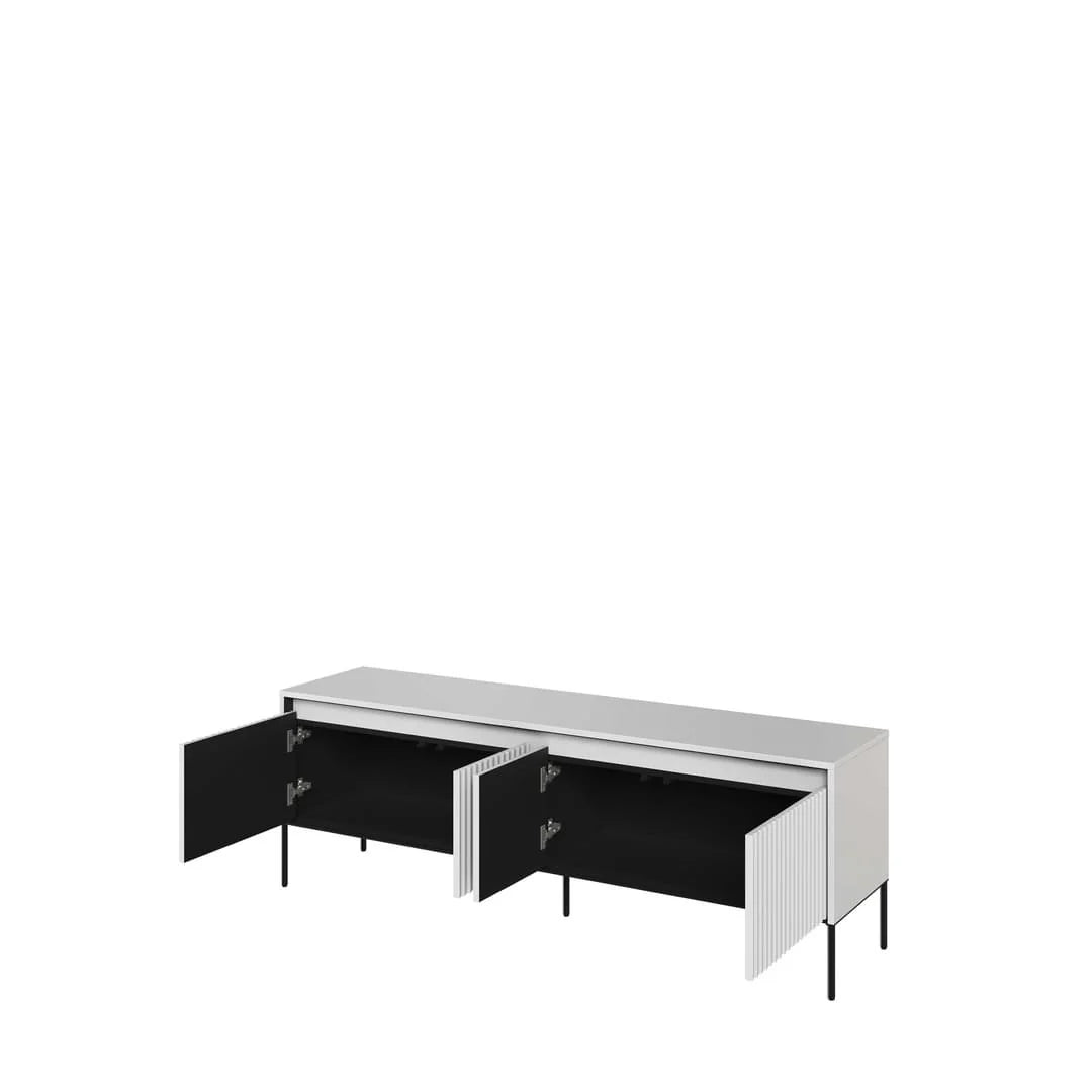 White TV cabinet with open side doors revealing dark storage interior