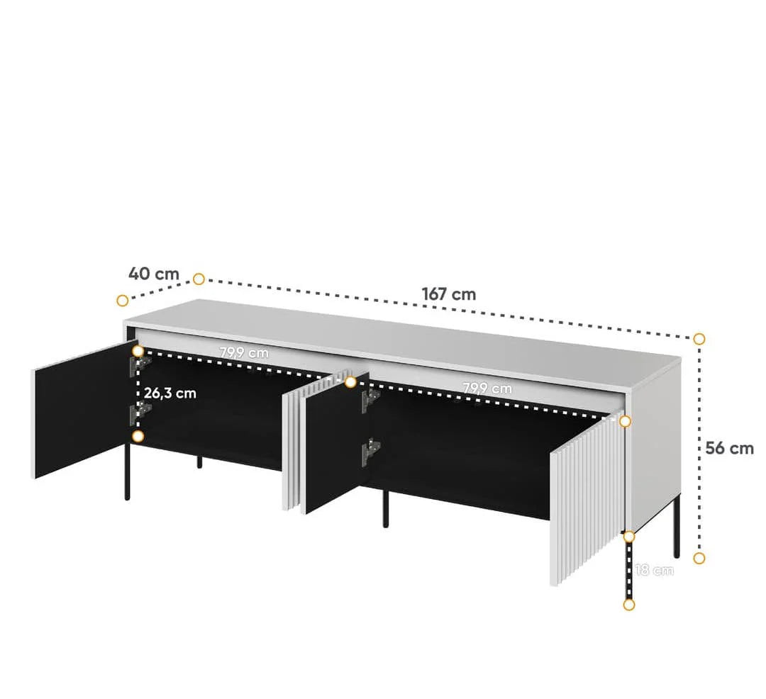 TV cabinet size diagram: 167 cm wide, 56 cm high, 40 cm deep, 26.3 cm internal