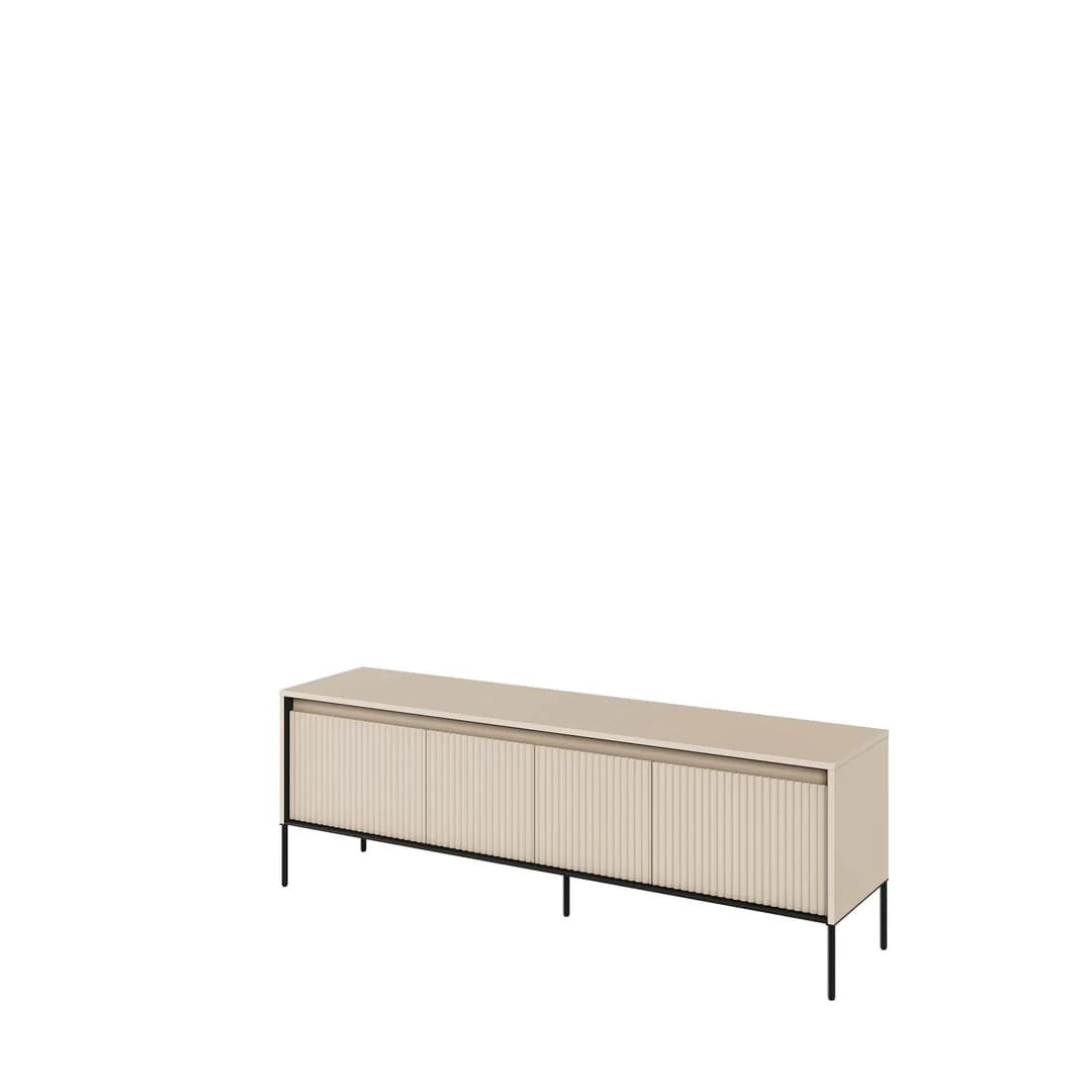 Beige ribbed-front TV cabinet with sliding doors and black metal legs