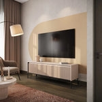 Angled short TV cabinet with vertical ribbed doors and slim black metal legs