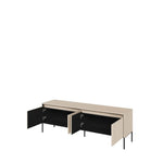 Light grey TV cabinet with open side doors revealing dark storage interior