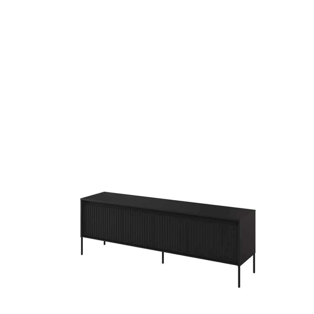 Black ribbed-front TV cabinet with sliding doors and black metal legs