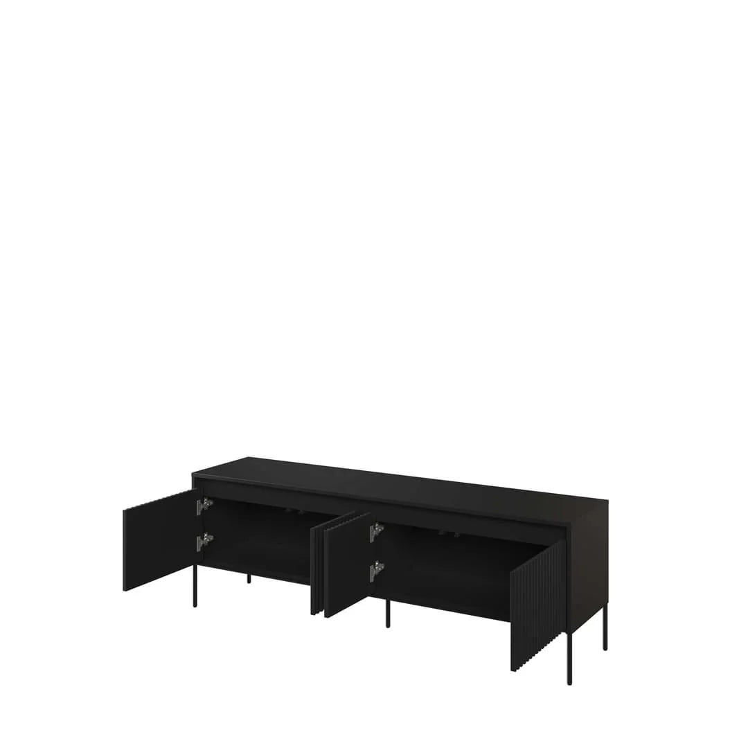 Black TV cabinet with open side doors showing dark storage interior