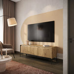 Beige ribbed-front TV cabinet with sliding doors and black metal legs