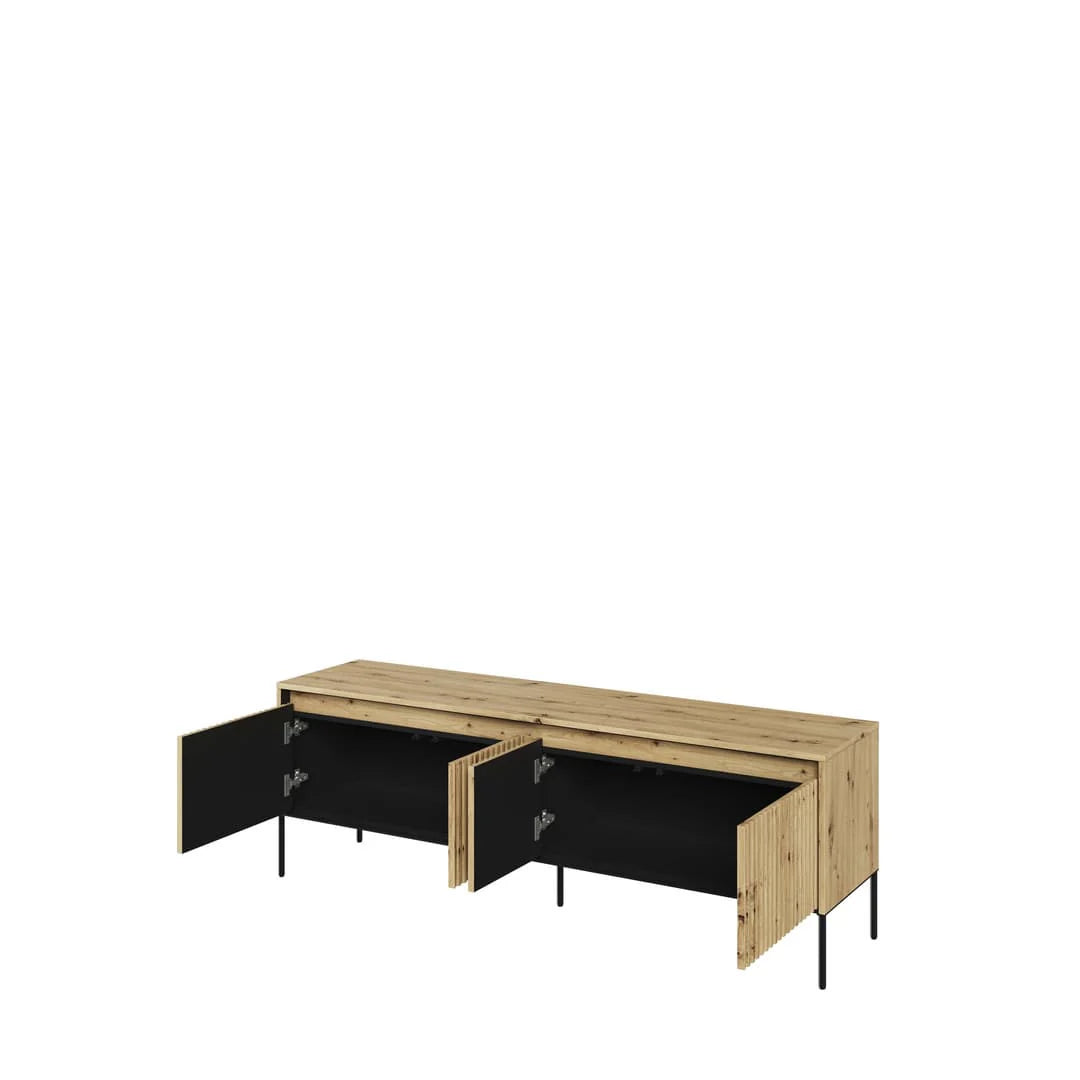 Artisan oak TV cabinet with open side doors and dark storage interior