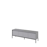 Grey ribbed-front TV cabinet with sliding doors and black metal legs