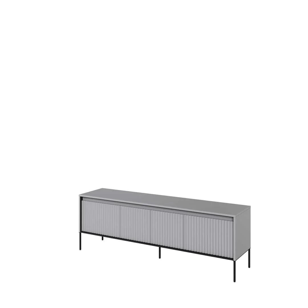 Grey ribbed-front TV cabinet with sliding doors and black metal legs