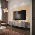 Short TV media cabinet with vertical ribbed doors and slim black metal legs