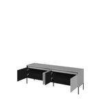Grey TV cabinet with open side doors revealing dark storage interior