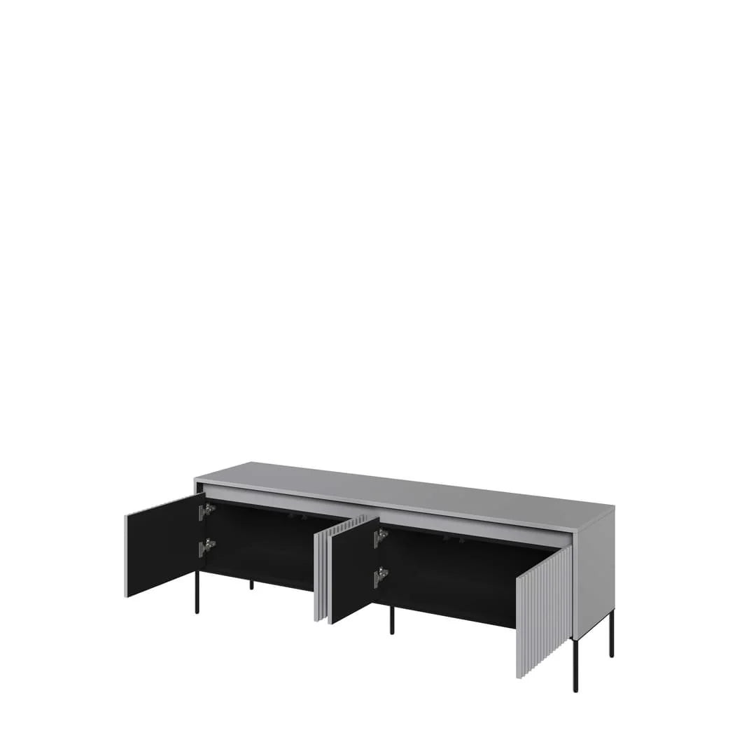 Grey TV cabinet with open side doors revealing dark storage interior