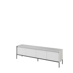 Light grey long TV cabinet, ribbed sliding doors, black metal legs.