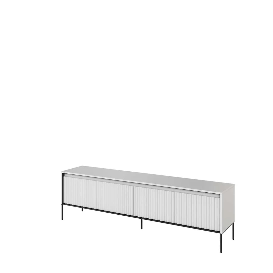 Light grey long TV cabinet, ribbed sliding doors, black metal legs.