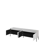 Light grey long TV cabinet with open sliding doors and black interior.