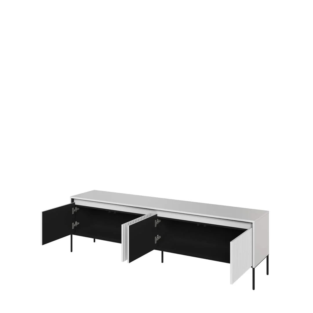 Light grey long TV cabinet with open sliding doors and black interior.