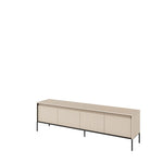 Beige long TV cabinet with ribbed sliding doors and black metal legs.