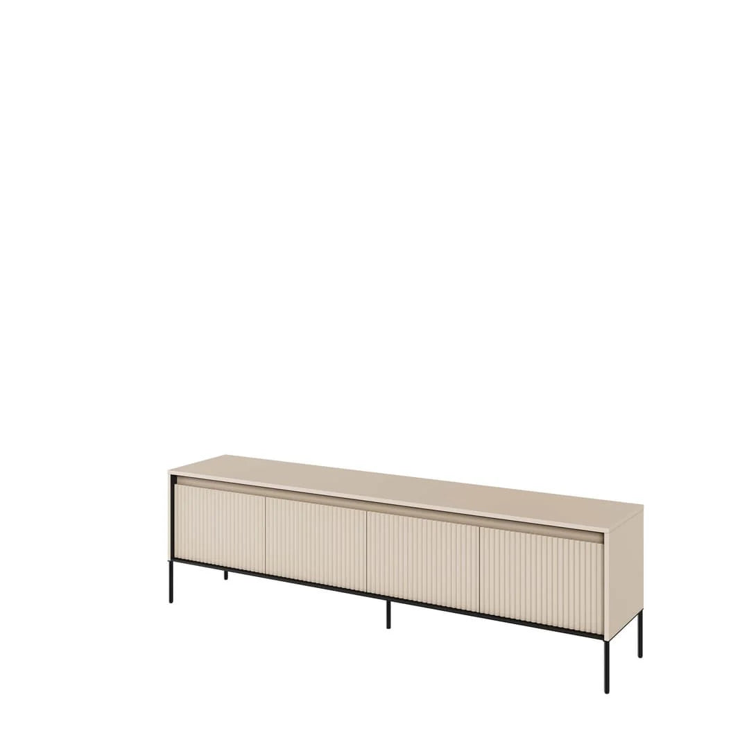 Beige long TV cabinet with ribbed sliding doors and black metal legs.