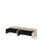 Beige long TV cabinet with open sliding doors and black interior.