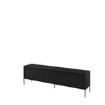 Black long TV cabinet with ribbed sliding doors and black metal legs.