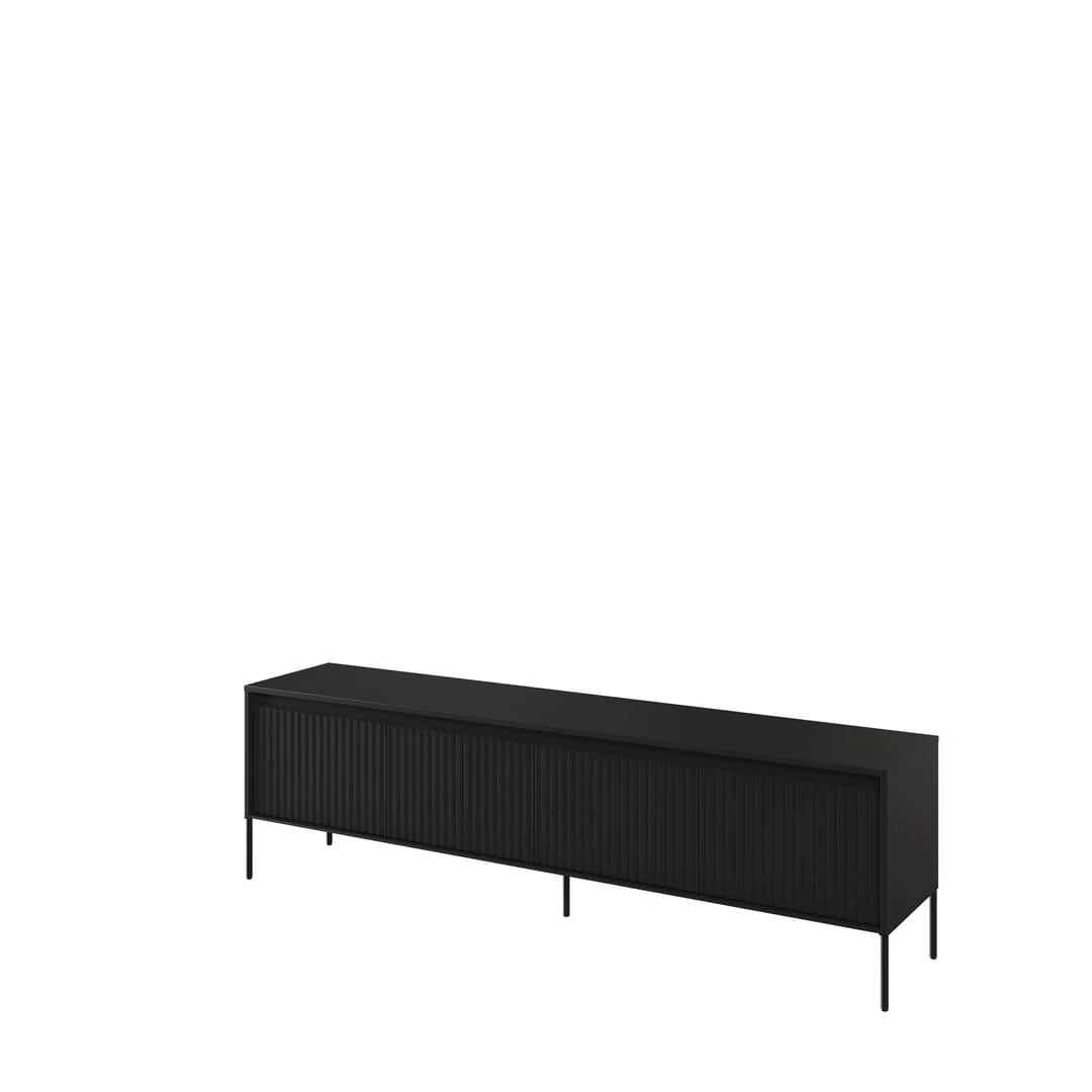 Black long TV cabinet with ribbed sliding doors and black metal legs.