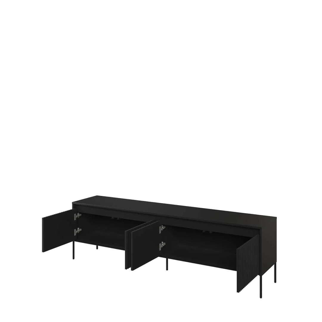 Black long TV cabinet with open sliding doors and black interior.