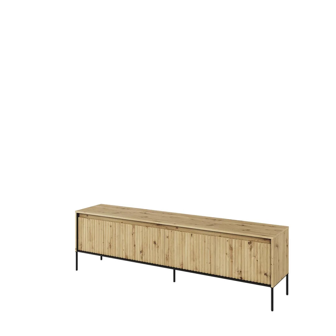 Artisan oak long TV cabinet with ribbed sliding doors and black metal legs.