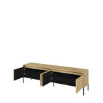 Artisan oak long TV cabinet with open sliding doors and black interior.