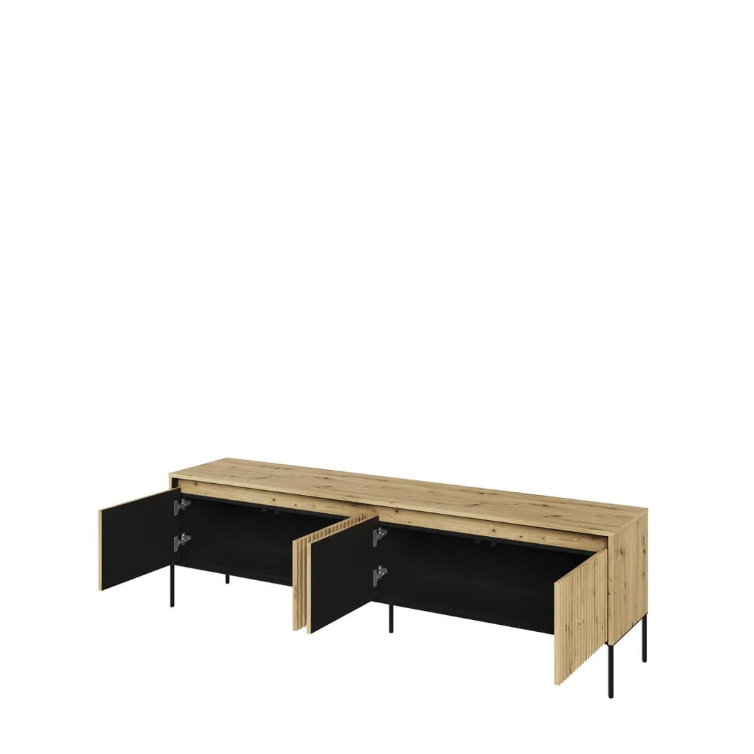 Artisan oak long TV cabinet with open sliding doors and black interior.