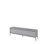 Light grey long TV cabinet with ribbed doors and black metal legs.