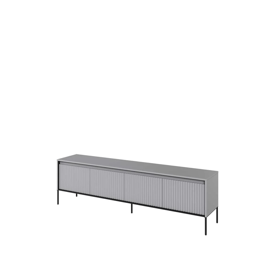 Light grey long TV cabinet with ribbed doors and black metal legs.