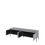 Light grey long TV cabinet with open sliding doors showing black interior.