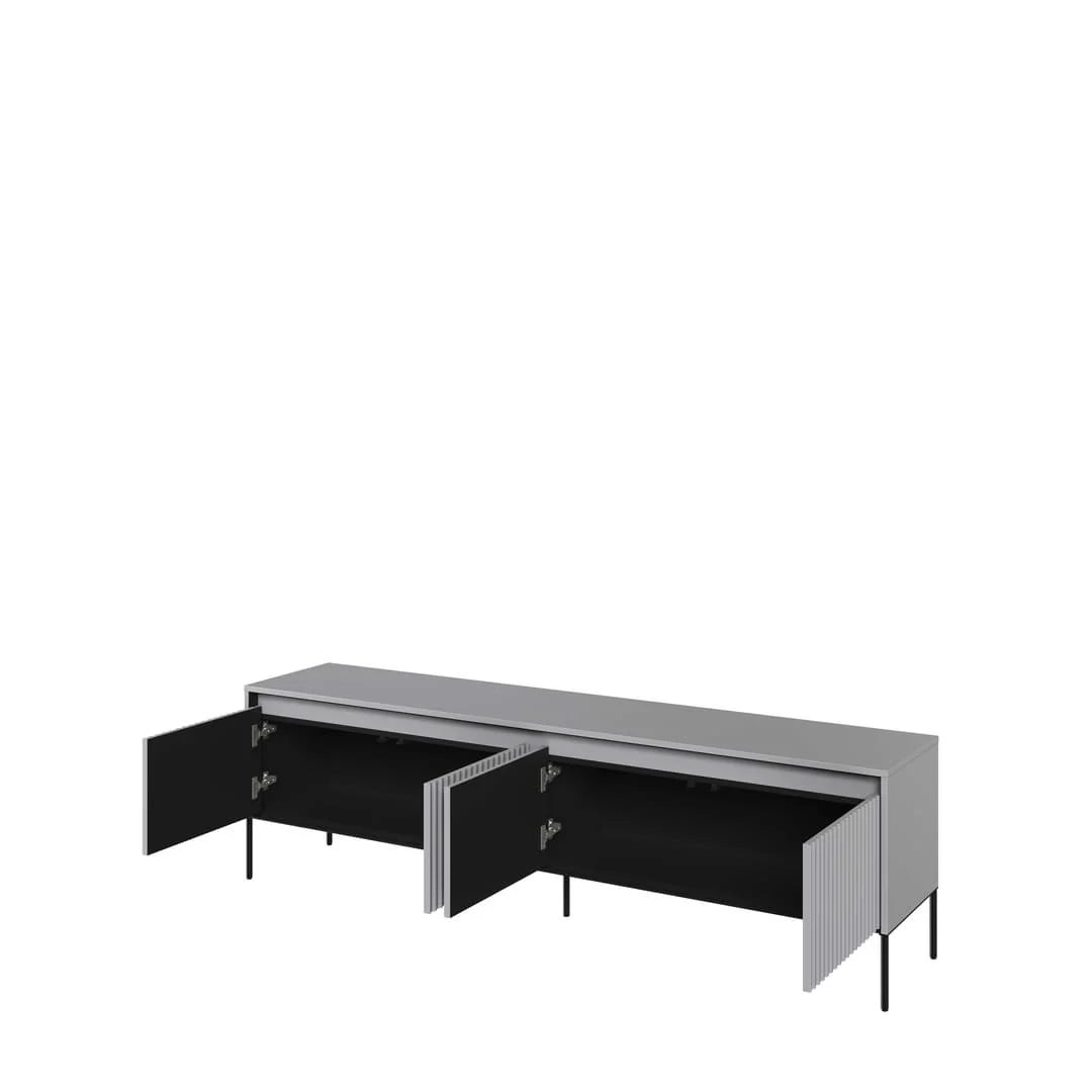 Light grey long TV cabinet with open sliding doors showing black interior.