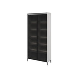 Tall display cabinet with two glass doors, white frame and black interior shelves