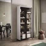 Tall display cabinet with glass doors and black interior shelves, light gray frame