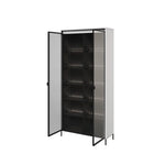 Tall display cabinet with open glass doors and black interior shelves, gray frame