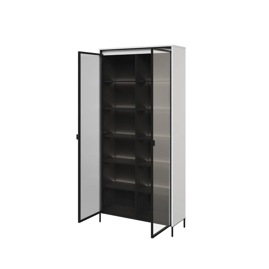 Tall display cabinet with open glass doors and black interior shelves, gray frame